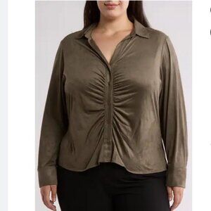 Calvin Klein Casper Olive Green Button-Up Faux Suade Blouse size 2X